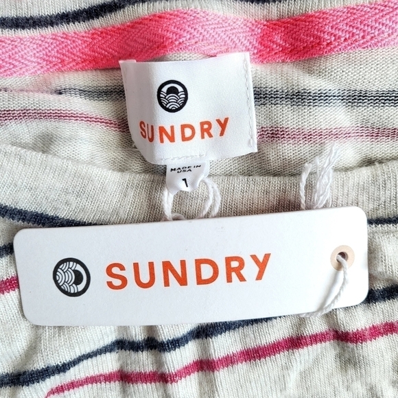 New Sundry Striped Navy/Pink Side Slits Crewneck Long Sleeve Pullover Sweatshirt - Picture 4 of 8